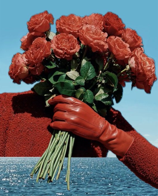 A hand wearing a red leather glove holds a bouquet of red roses against a backdrop of blue ocean and sky.