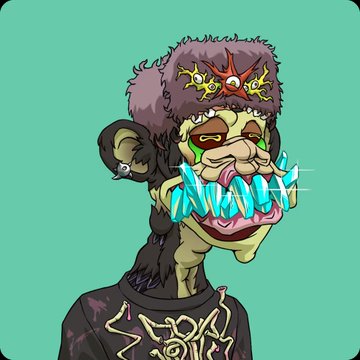 The image features a cartoon character with a face, dressed in black clothing that includes a skull design. The character has a large nose and teeth, giving them an intimidating appearance. They are wearing a hat with a skull design as well. The character is standing against a green background, which contrasts with their dark attire. There are no other objects or text present in the image.
