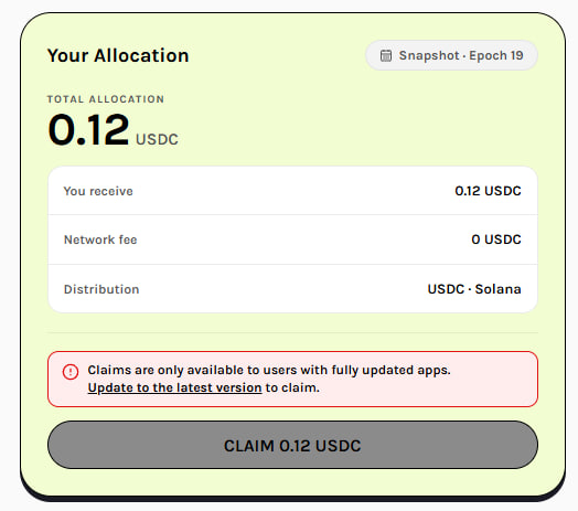 A digital wallet interface showing 'Your Allocation' of 0.12 USDC from Snapshot Epoch 19, with a USDC distribution on Solana and a warning to update the app before claiming.