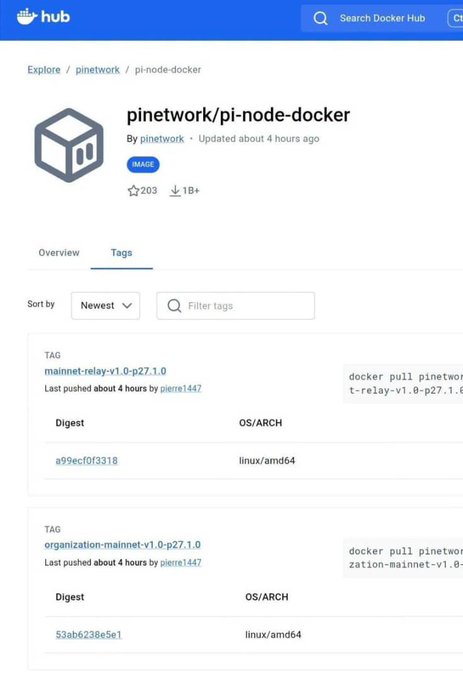 Docker Hub webpage for 'pinetwork/pi-node-docker' showing tags for 'mainnet-relay-v1.0-p27.1.0' and 'organization-mainnet-v1.0-p27.1.0'.