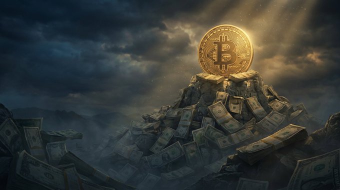 A golden Bitcoin coin sits atop a massive mountain of scattered U.S. dollar bills under a dramatic, stormy sky—symbolizing Bitcoin's diminishing returns despite the exponentially larger capital inflows required each cycle. The towering currency pile visually reinforces the post's message that reaching the next major Bitcoin rally would demand around $1 trillion in fresh money, an amount retail investors alone cannot provide.