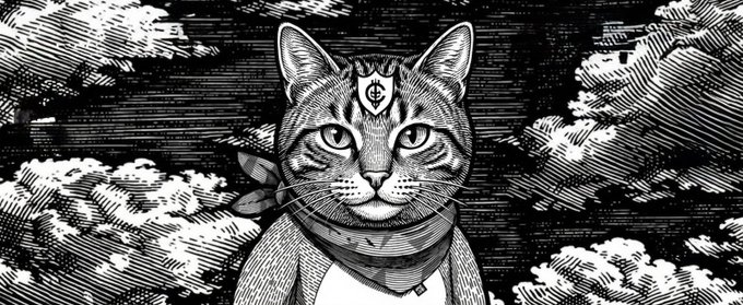 A striking black-and-white engraved illustration features a stoic tabby cat wearing a bandana and a forehead emblem with a currency-style symbol, set against a dramatic sky filled with hatching-style clouds. The feline's noble, wise expression and philosophical accessories perfectly embody the post's "CATE" (Compassion And Truth Everyday) mantra, presenting the cat as a serene guru dispensing life advice in just two simple "MEOW" steps.