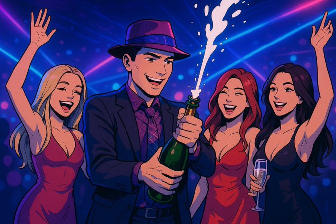 An animated illustration shows a man in a fedora and suit popping a champagne bottle, surrounded by three cheering women in red and black dresses at a nightclub with colorful laser lights. The image perfectly complements the "GM, it's my birthday" post by depicting a lively birthday celebration filled with champagne, dancing, and excitement.