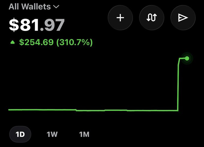 A crypto wallet app dashboard showing 'All Wallets' balance of $81.97, with a gain of $254.69 (310.7%) and a sharp upward green line on the 1D chart.