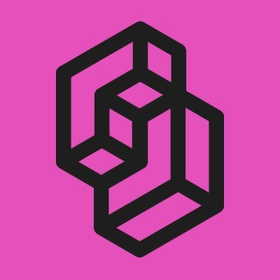 A black geometric logo resembling an abstract hexagonal shape on a bright pink background.