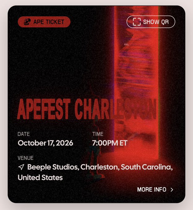 An 'APE TICKET' digital event pass for 'APEFEST CHARLESTON' on October 17, 2026, at 7:00 PM ET, held at Beeple Studios, Charleston, South Carolina.