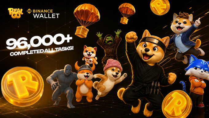 A vibrant campaign banner from "Real GO x Binance Wallet" celebrates "96,000+ Completed All Tasks!" with the milestone displayed in bold alongside animated cartoon characters, a ninja dog, gold parachutes, and glowing "$R" coins—directly visualizing the post's announcement that over 96,000 users successfully completed all tasks to qualify for 155.94 $RT rewards.