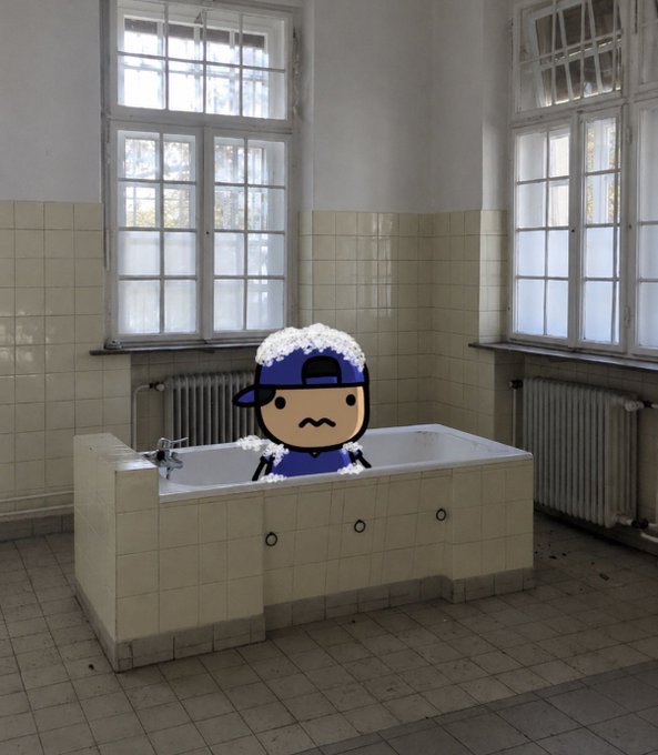 A cartoon character with a mustache wearing a blue cap and jacket, covered in snow, sitting inside a tiled bathtub in an institutional-looking room with large windows.