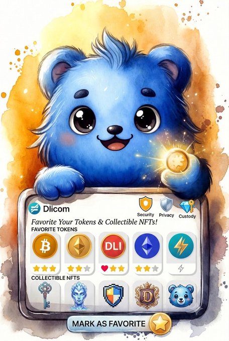 The image shows a cartoon blue teddy bear holding up a sign that says "Loving the latest updates on @DlicomApp Now you can mark your favorite tokens in the self-custody wallet - everything in one place, no more searching". The teddy bear is positioned above a white background with yellow and orange splatters. The post mentions an app called "@DlicomApp" that allows users to update their wallet with tokens, which are represented by stars on the sign.