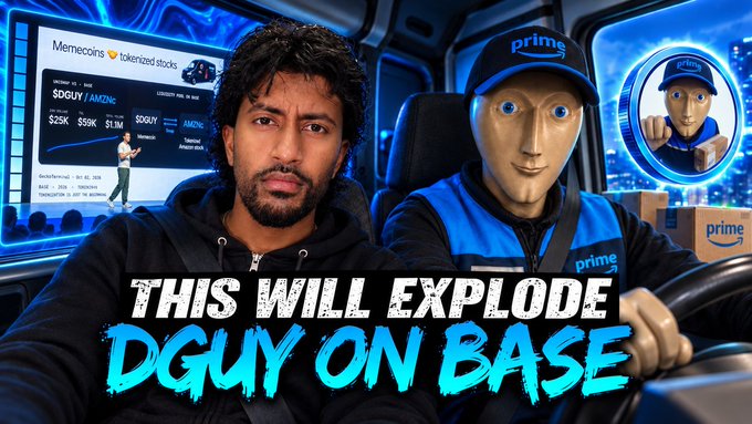 A YouTube thumbnail features a man alongside a Prime delivery mascot, with text reading "THIS WILL EXPLODE DGUY ON BASE" and a screen showing stock tickers $DGUY and $GSK.