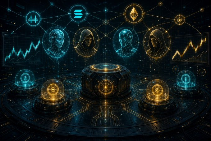 The image depicts a futuristic digital scene featuring holographic avatars—some hooded, some robotic—surrounding a central illuminated device, with cryptocurrency symbols (including Ethereum) and trading charts floating in a networked, cosmic backdrop.

The visual echoes the post's message by symbolizing how AMA Protocol weaves together AI-driven intelligence, community participation, and interconnected crypto infrastructure into a unified ecosystem.
