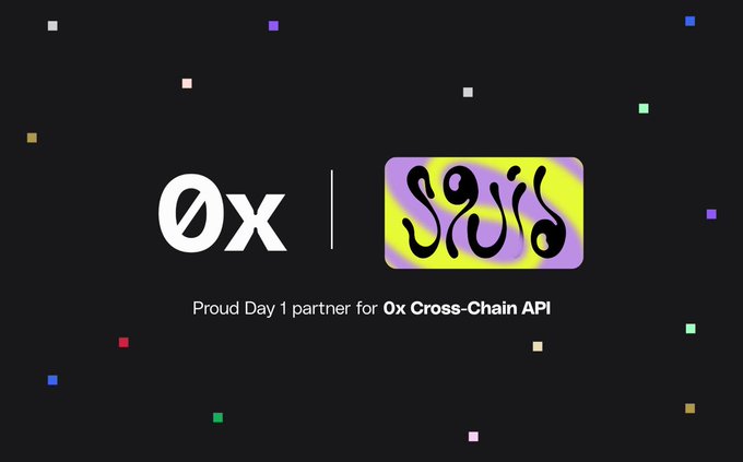 The image features a black background with white text that reads "Ox Day 1 Partner for Ox Cross Chain API" and "Proud Day partner for Ox Cross Chain API". The text also includes a small illustration of a squid, which appears to be part of an advertisement or promotional material related to the post.