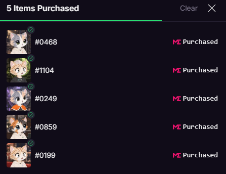A dark screen shows a purchase confirmation list titled "5 Items Purchased" featuring five anime-style character thumbnails numbered #0468, #1104, #0249, #0859, and #0199, each marked with a red "M Purchased" tag.