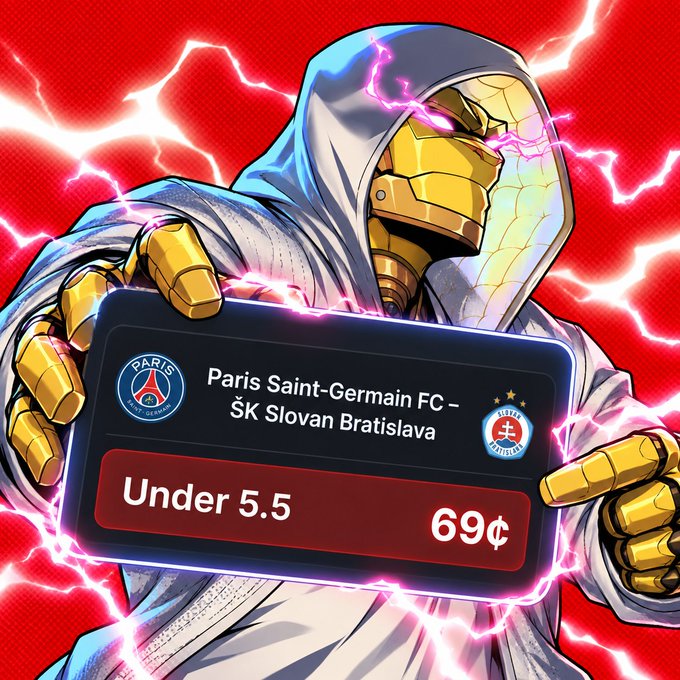 A comic-style image features a hooded figure with a golden, glowing-eyed mask holding a tablet displaying 'Paris Saint-Germain FC - ŠK Slovan Bratislava' with 'Under 5.5' and odds of '69¢'.