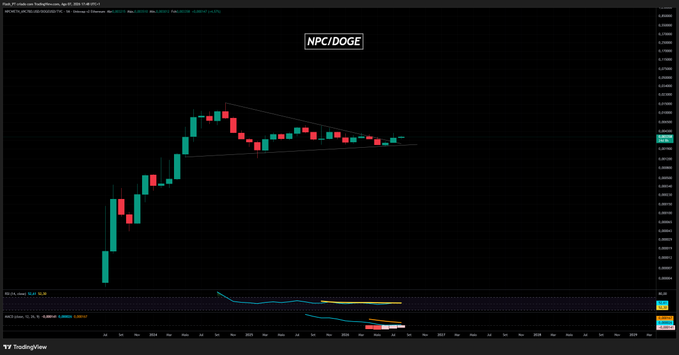 A TradingView candlestick chart for the NPC/DOGE trading pair showing price action with a descending triangle pattern drawn in red lines, with an RSI indicator visible in the lower panel.