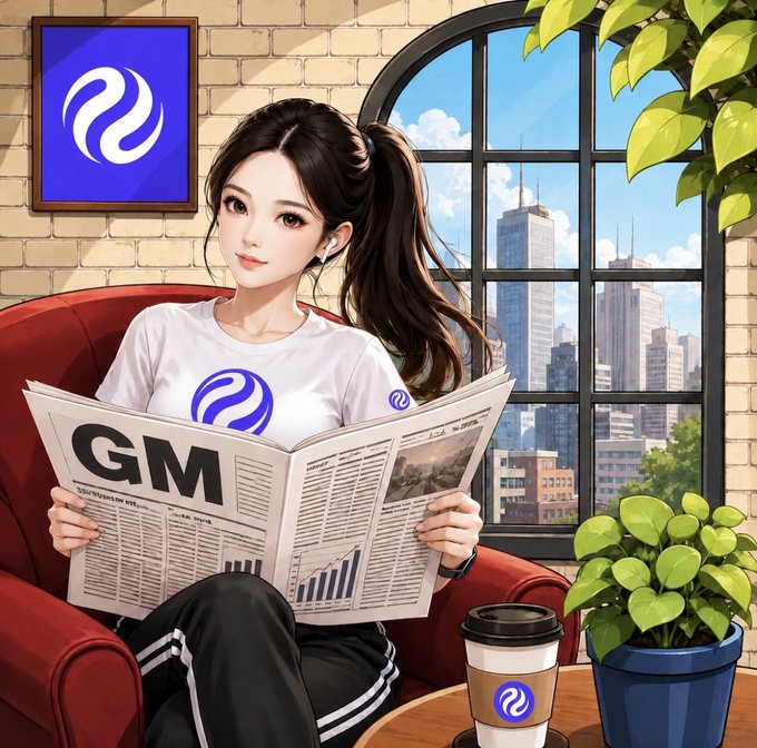 An anime-style illustration of a young woman with a ponytail reading a newspaper with 'GM' visible on it, sitting in a red armchair near a window with a city view, wearing a white shirt featuring a blue circular logo.