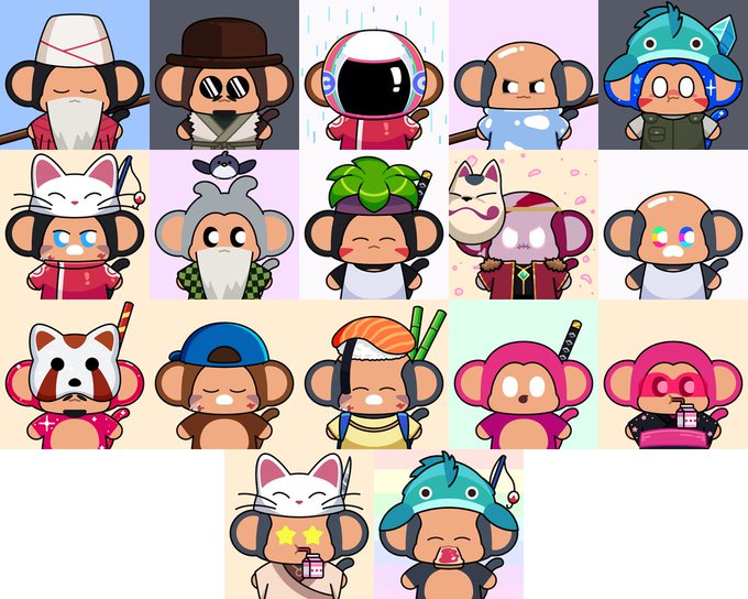 A collection of cartoon monkey NFT characters with various hats and accessories, including a fox mask, astronaut helmet, and sushi hat.