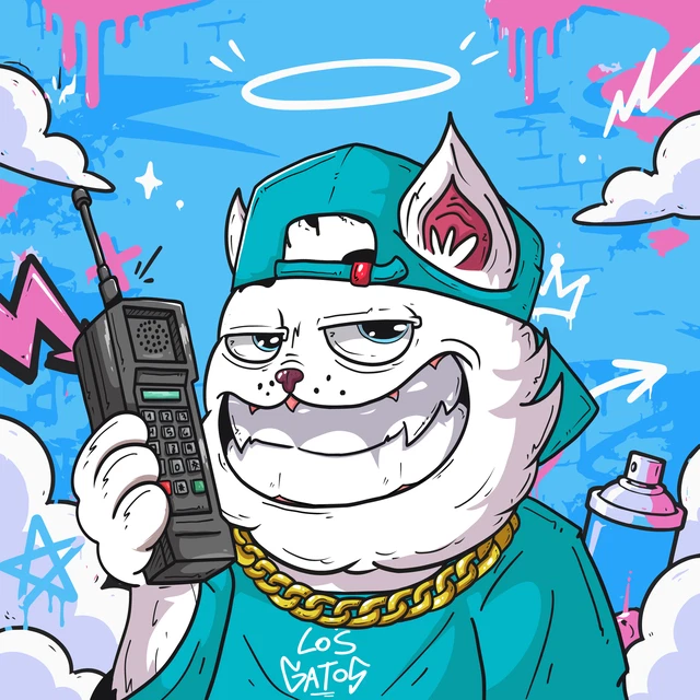 A cartoon illustration of a smiling white cat character wearing a green backwards cap and gold chain, holding a black mobile phone, signed 'LOS GATOS'.
