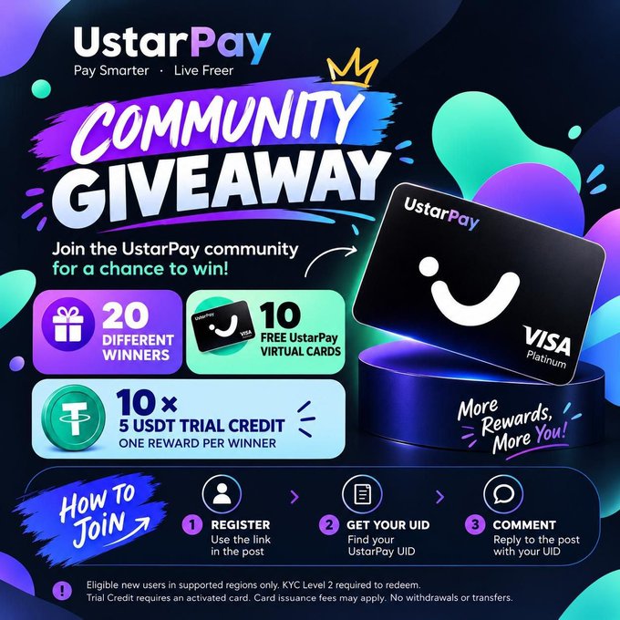 A vibrant UstarPay promotional graphic for a "Community Giveaway" featuring their black Visa Platinum card, announcing 20 different winners who will receive either a UstarPay Virtual Card (10 winners) or 5 USDT Trial Credit (10 winners), with a three-step entry process of registering, getting a UID, and commenting.