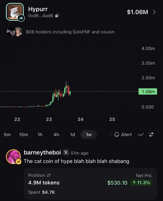 A screenshot of the $HYPURR memecoin chart showing a market cap of $1.06M with 808 holders, accompanied by user "barneytheboi" boasting a $530.10 profit (11.3%) on a 4.9M token position, supporting the post's bullish claim that the "cat coin of hype" will reach $100M.