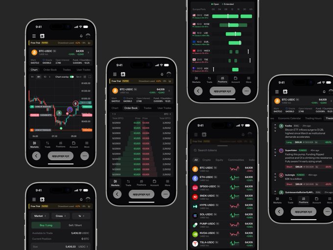 Five smartphone screens display a cryptocurrency trading app with dark mode interface, showing BTC-USDC charts, order books, extended market listings, and trading news.