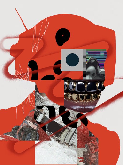 An abstract glitch art collage in red and white tones featuring a gold teeth grill, metallic fragments, pixelated squares, and black graphic shapes.