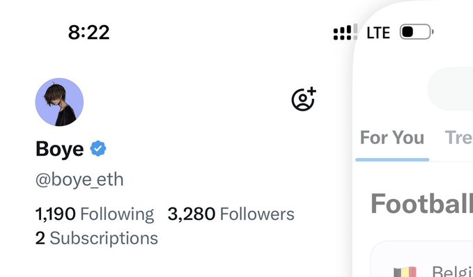 The image shows a Twitter/X profile for "Boye" (@boye_eth), a verified account with 3,280 followers and 1,190 following. The user is humorously referencing this follower count of 3,280 (close to but not quite at 3.3k), expressing frustration about being "jinxed" from hitting the 3.3k milestone after two weeks.