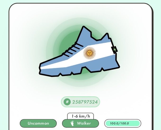 A digital NFT-style illustration of a sneaker designed with the blue and white colors and sun emblem of the Argentine flag, labeled as 'Walker', 'Uncommon', and numbered 258797524.