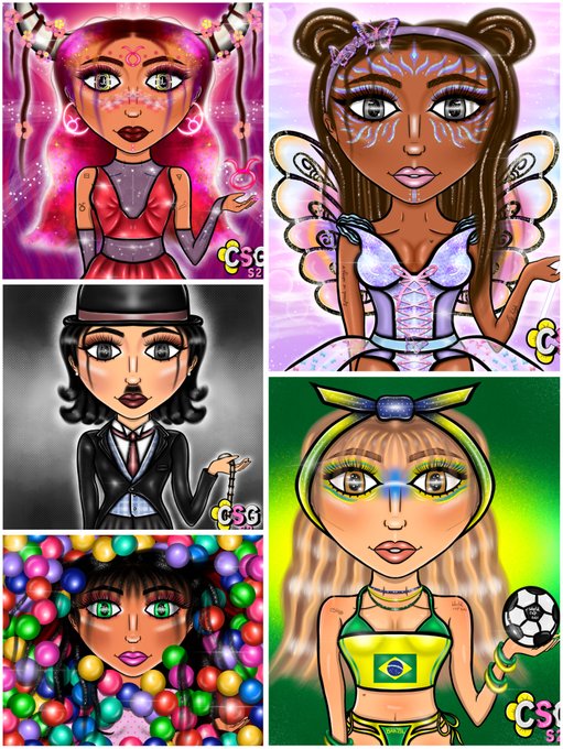 A collage of four colorful digital cartoon portraits of girls in various styles (punk, fairy, magician, Brazilian soccer fan) from the 'Cute Stupid Girls' (CSG) game series.