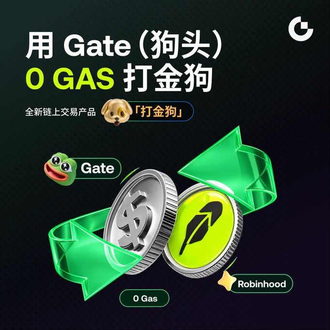 A promotional graphic featuring a dog emoji and Chinese text '用 Gate (狗头) 0 GAS 打金狗' (Use Gate 0 GAS to earn money with dogs), showcasing coins between green arrows, with logos for Gate, Robinhood, and a '0 Gas' label.