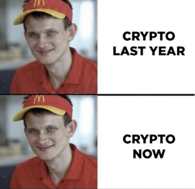 This meme shows Vitalik Buterin in both panels, labeled "CRYPTO LAST YEAR" and "CRYPTO NOW", humorously suggesting that the crypto market has become less favorable for Ethereum holders over time.