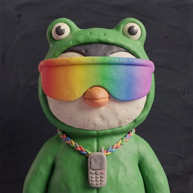 A claymation-style sculpture of a green frog wearing large rainbow-colored sunglasses, a rainbow chain necklace with a toy cellphone pendant, and a green hoodie against a dark background.