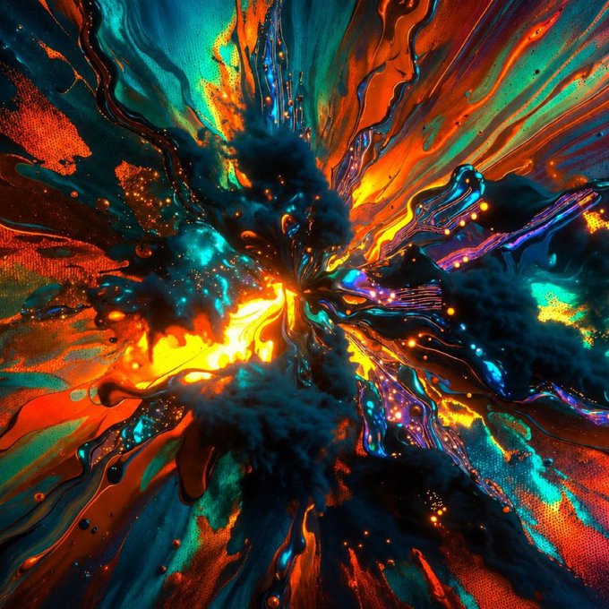 The image features a colorful explosion with various shades of blue, orange, green, and yellow. The explosion appears to be coming out of a firework or a fireworks display, creating an abstract and vibrant visual effect. The explosion is surrounded by a multitude of small dots, adding to its chaotic and dynamic appearance. The image also includes text that reads "Happy New Month Lumina NFT GTD and WL Giveaway! I was lucky to get 2 GTD and 10 FCFS spots from @LuminaNFT_ To enter Like, Rt and tag 2 friends Follow @LuminaNFT_ & @Subit_Crypto RT this x.com/luminanft_/sta ... Drop your Eth wallet below 24hrs". The explosion seems to be the main focus of the image, with its bright colors and chaotic patterns drawing attention.