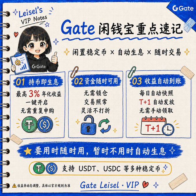 A promotional infographic titled 'Gate Leisel · VIP Notes' in Chinese, advertising up to 3% annual yield with features like automatic interest and flexible withdrawals for USDT/USDC.