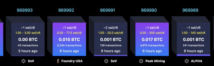 A Bitcoin mining block tracking display showing blocks 969989 to 969993, with sat/vB fees, BTC rewards, transaction counts, and timestamps for mining pools including SoV, Foundry USA, and Peak Mining.