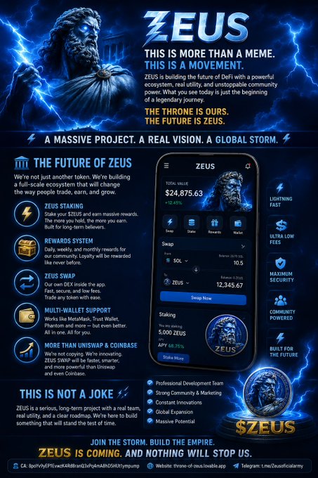 A promotional poster for the cryptocurrency project "ZEUS" ($ZEUS), featuring a dramatic image of Zeus wielding lightning alongside details such as a total value of $24,875.63 (+12.45%), a staking APY of 48.75%, and 5,000 ZEUS tokens, with marketing copy declaring "THIS IS MORE THAN A MEME. THIS IS A MOVEMENT" and "ZEUS IS COMING." The poster visually reinforces the post's message about the project's early, community-driven launch and long-term vision by spotlighting the project's ecosystem features—including Zeus Staking, Rewards, Multi-Wallet Support, and a custom DEX swap—and branding ZEUS as a serious, unstoppable movement rather than just a meme token.