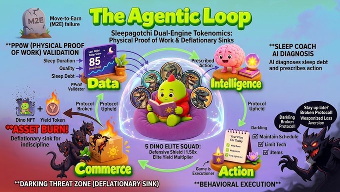 An infographic titled 'The Agentic Loop' explaining the 'Sleepagotchi Dual-Engine Tokenomics' across four stages: Data, Intelligence, Action, and Commerce.
