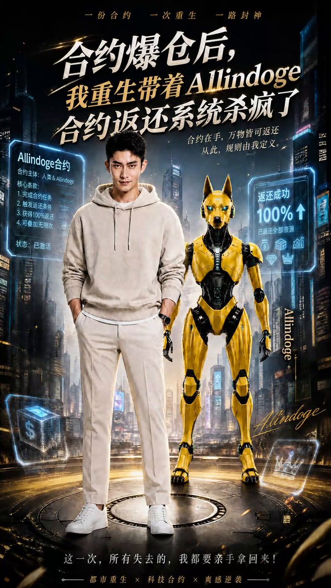 The movie poster features a man wearing a white shirt standing next to a yellow robot, both facing forward with their arms at their sides. The background of the poster shows an urban cityscape filled with buildings and neon lights. The title of the movie is "ALLINDOGE Short Drama Episode 2", indicating that it's part of a series or a collection of movies.