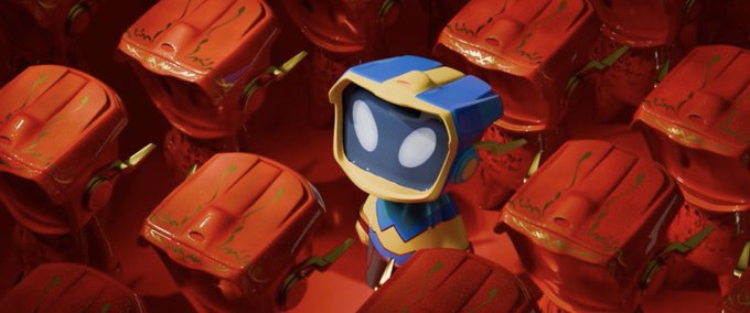 A 3D-rendered blue and yellow robotic character standing among a crowd of red, helmeted figures.