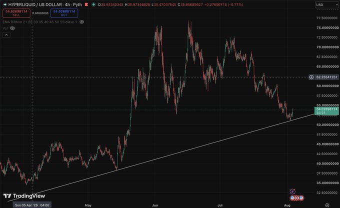 A TradingView chart of the HYPERLIQUID / US DOLLAR (HYPE) cryptocurrency pair on the 4-hour timeframe, showing a price level near $54.99 with a descending trend line drawn across the recent peak.