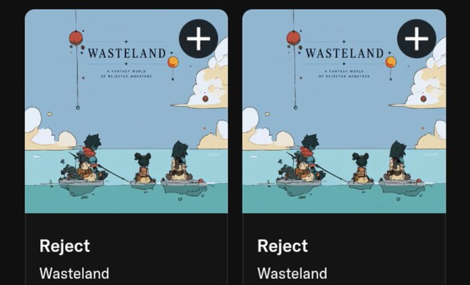 Two identical mobile screens display a 'WASTELAND' game interface with cartoon characters in boats, a 'Reject' button, and a '+' icon in the corner.