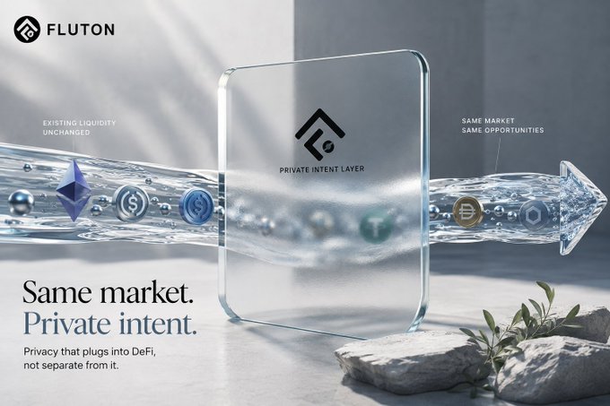 The image shows a Fluton promotional graphic featuring a glass panel labeled "PRIVATE INTENT LAYER" positioned over a flowing stream of cryptocurrency coins, with the tagline "Same market. Private intent." and text emphasizing "EXISTING LIQUIDITY UNCHANGED" alongside "SAME MARKET SAME OPPORTUNITIES." The visual illustrates how Fluton's privacy architecture preserves existing DeFi liquidity while adding a private intent layer, supporting the post's claim that the protocol can deliver same liquidity, composability, and opportunities without the typical privacy trade-offs.