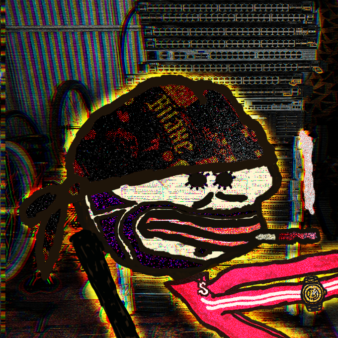 A glitchy, psychedelic image features a troll-like character wearing a bandana and smoking a cigarette, set against a distorted technological background with rainbow visual artifacts.
