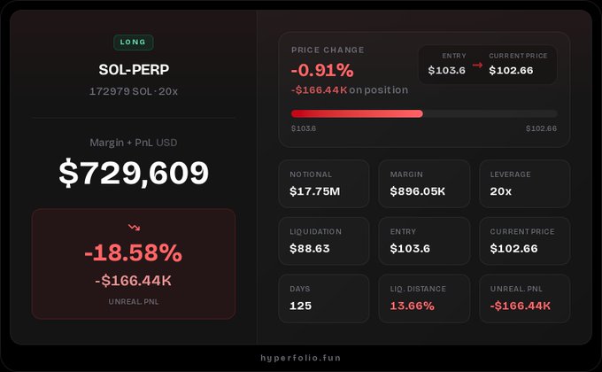 A trading dashboard from hyperfolio.fun displays a SOL-PERP long position with an unreal PNL of -18.58% (-$166.44K) and a margin of $896.05K.