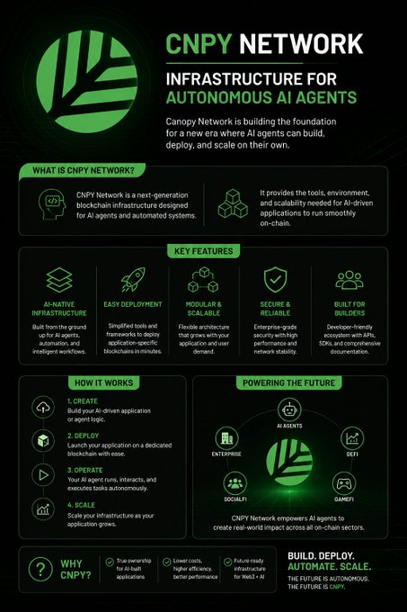A dark-themed infographic for "CNPY NETWORK" describing it as infrastructure for autonomous AI agents, featuring sections on its purpose, key features, how it works, and future applications.
