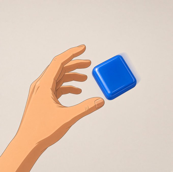 An illustration of a hand reaching toward a blue cube floating against a plain light background.