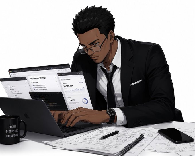 An anime-style illustration of a man in a black suit and glasses working intensely on a laptop displaying 'QA Campaign Strategy' analytics, with a coffee mug reading 'FOCUS DISCIPLINE EXECUTION'.