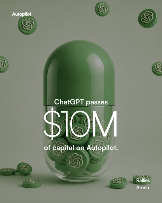 The image is an advertisement featuring a green pill that has been processed with a ChatGPT text program, which says "It took ChatGPT 59 days to go from $0 to $10,000,000 ... April 14th $4,000,000 May 8th $10,000,000 Today Most human fund managers never reach the $10M milestone @ralliesarena. Focus on what is in the image and how it relates to the post." The pill is placed inside a glass jar filled with coins. The coins are green, as well, but they're not part of the main content of the advertisement.