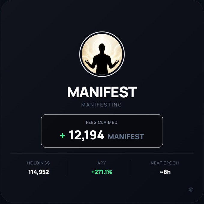 A webpage displays an image of a man holding his hands in front of him, with the text "Manifest Manifesting" below. The image also shows the amount of funds claimed as $12,974 + $2,891.