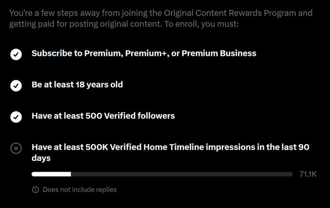 X (Twitter) Original Content Rewards Program eligibility checklist showing the user has 71.1K verified home timeline impressions toward the 500K requirement.